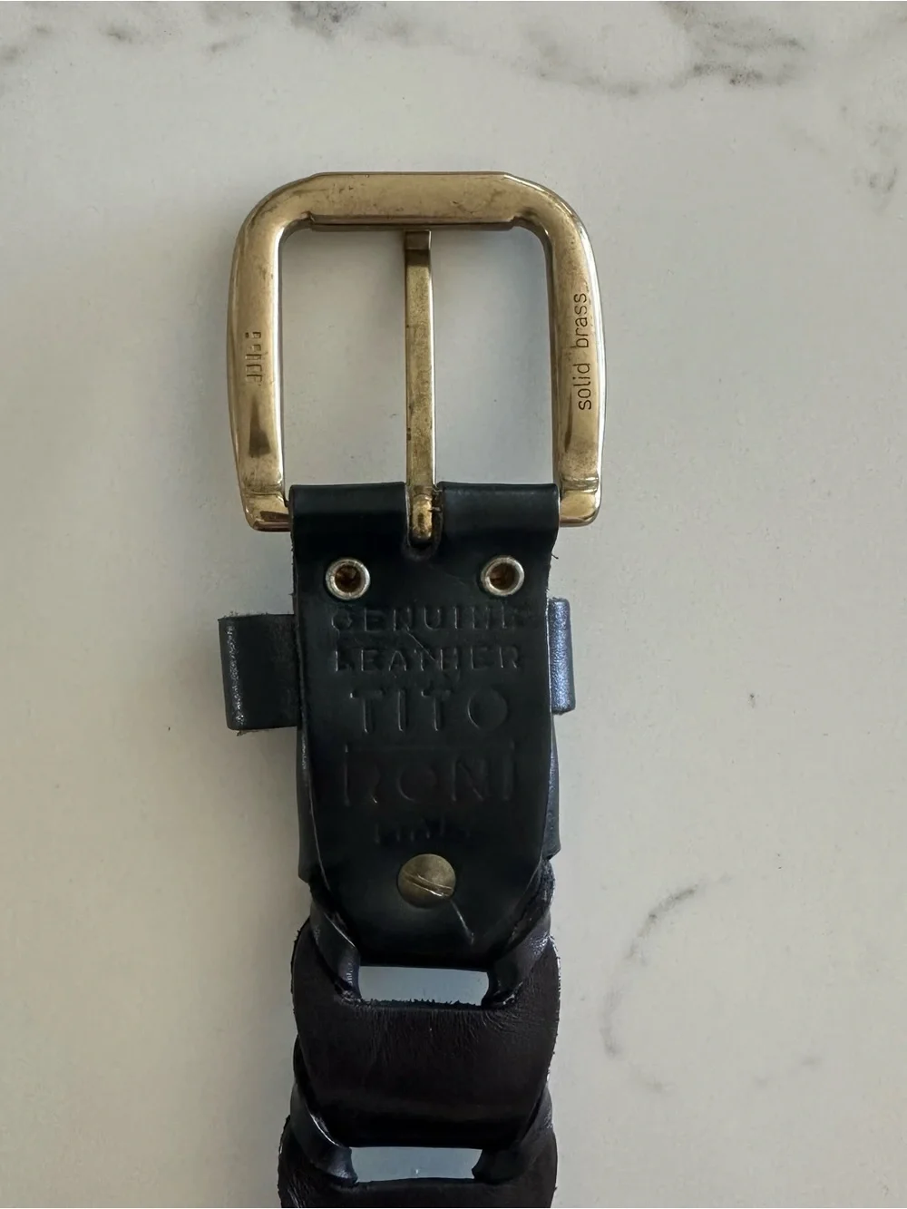 Vintage Tito Roni Italian Interlocked Woven Leather Belt Brass Buckle Black M